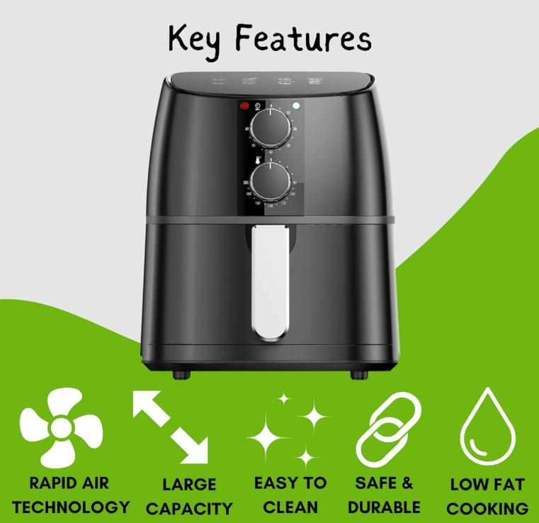 4L Air Fryer, Large 4L Oil Free Air Fryer for Home Use, Timer & Temperature Control, Non-stick Basket & Trivet Tray
