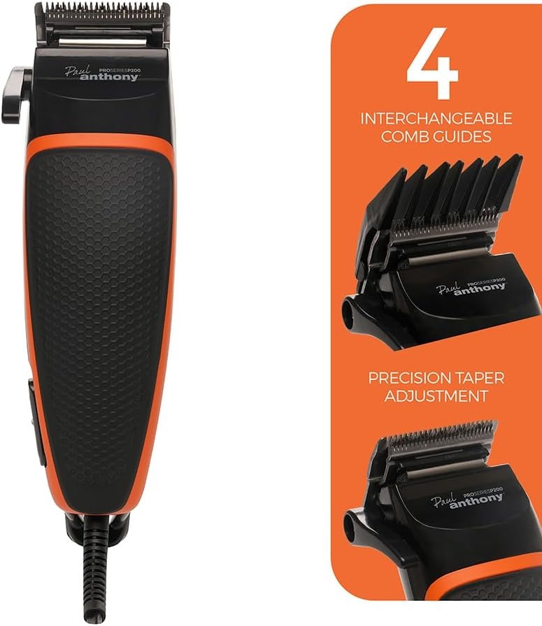 H5124 - Paul Anthony 'Pro Series P200' Corded Hair Clipper- Lightweight - Self Sharpening Stainless Steel Blades - 4 Interchangeable Comb Guides - Precision Taper - Powerful Quiet Motor