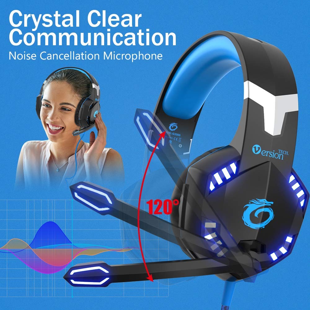 VersionTECH. G2000 Gaming Headset for PS5 PS4 PC Xbox One, Surround Sound Over Ear Headphones with Mic, LED Light for Mac Laptop Switch PlayStation Xbox Series X/S