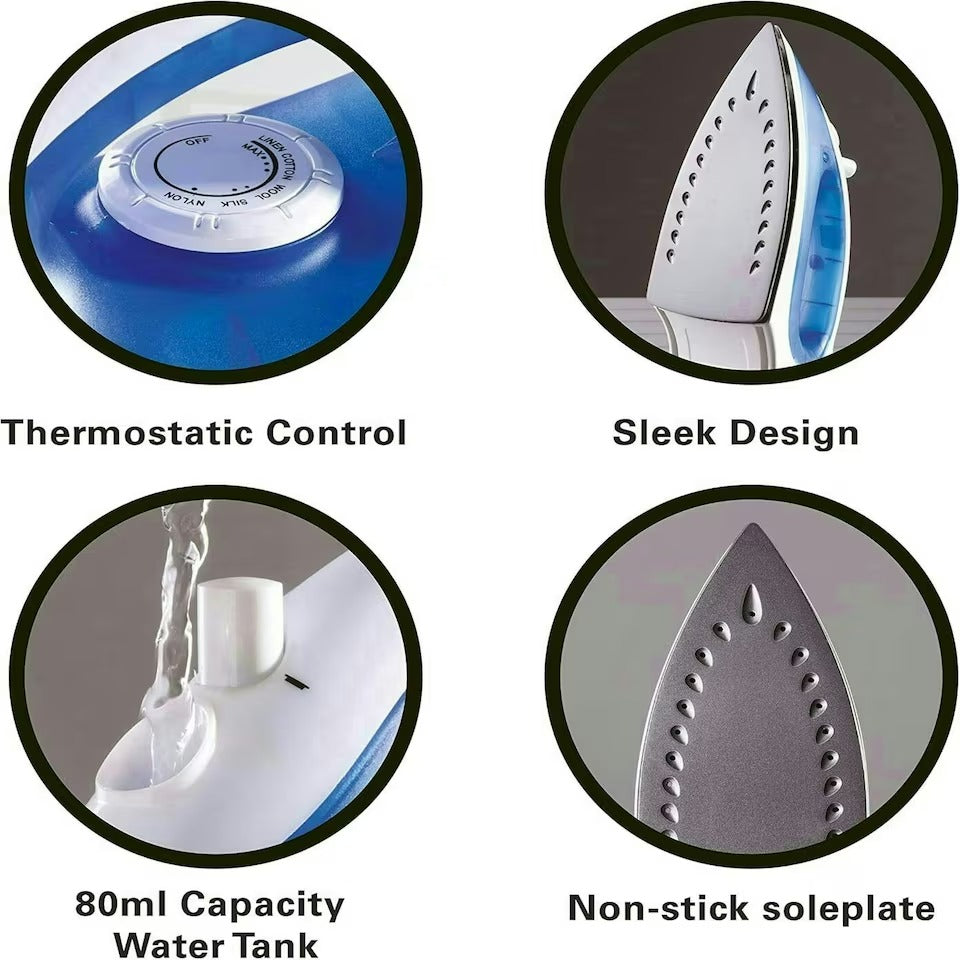 Daewoo Essentials 1800W Steam Dry Iron with Non-Stick Soleplate