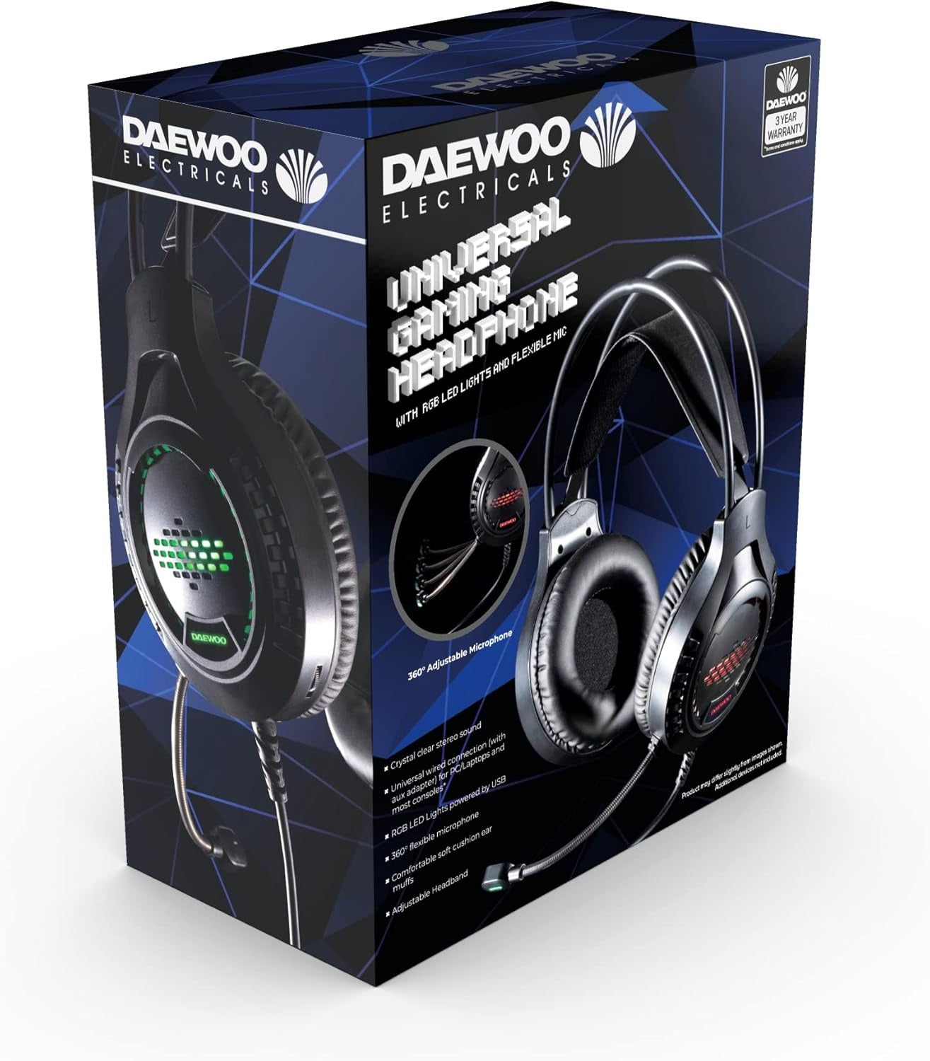 Daewoo Universal Wired Gaming Headphones, RGB LED Lights, 360 Flexible Mic, Adjustable Headband