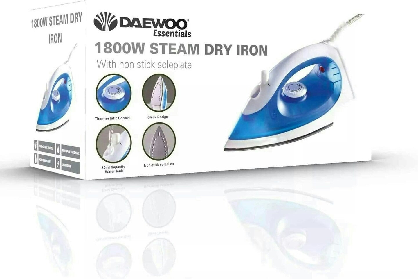 Daewoo Essentials 1800W Steam Dry Iron with Non-Stick Soleplate