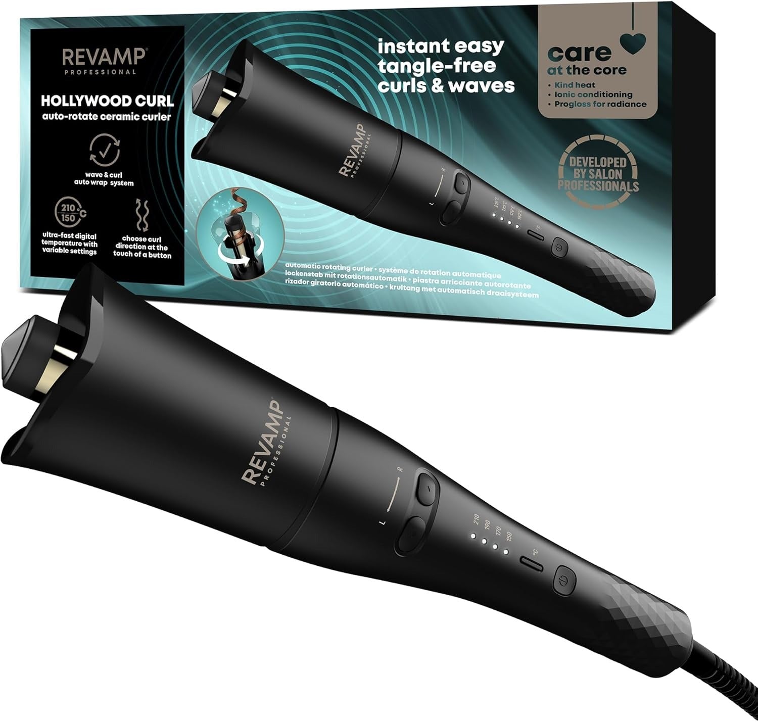 REVAMP Hollywood Curl Auto-Rotate Ceramic Hair Curler - Ceramic, Ionic Barrel, Tangle Free Waver, Curling Iron Tong for Tight Curls, Beach Waves - Rotating Styler, Wavy Hair Curler