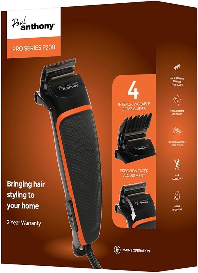 H5124 - Paul Anthony 'Pro Series P200' Corded Hair Clipper- Lightweight - Self Sharpening Stainless Steel Blades - 4 Interchangeable Comb Guides - Precision Taper - Powerful Quiet Motor